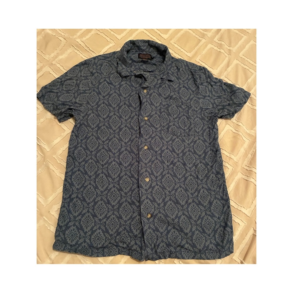 Pendleton Mens Medium Blue Geometric Tribal Print Short Sleeve Button Down Shirt
